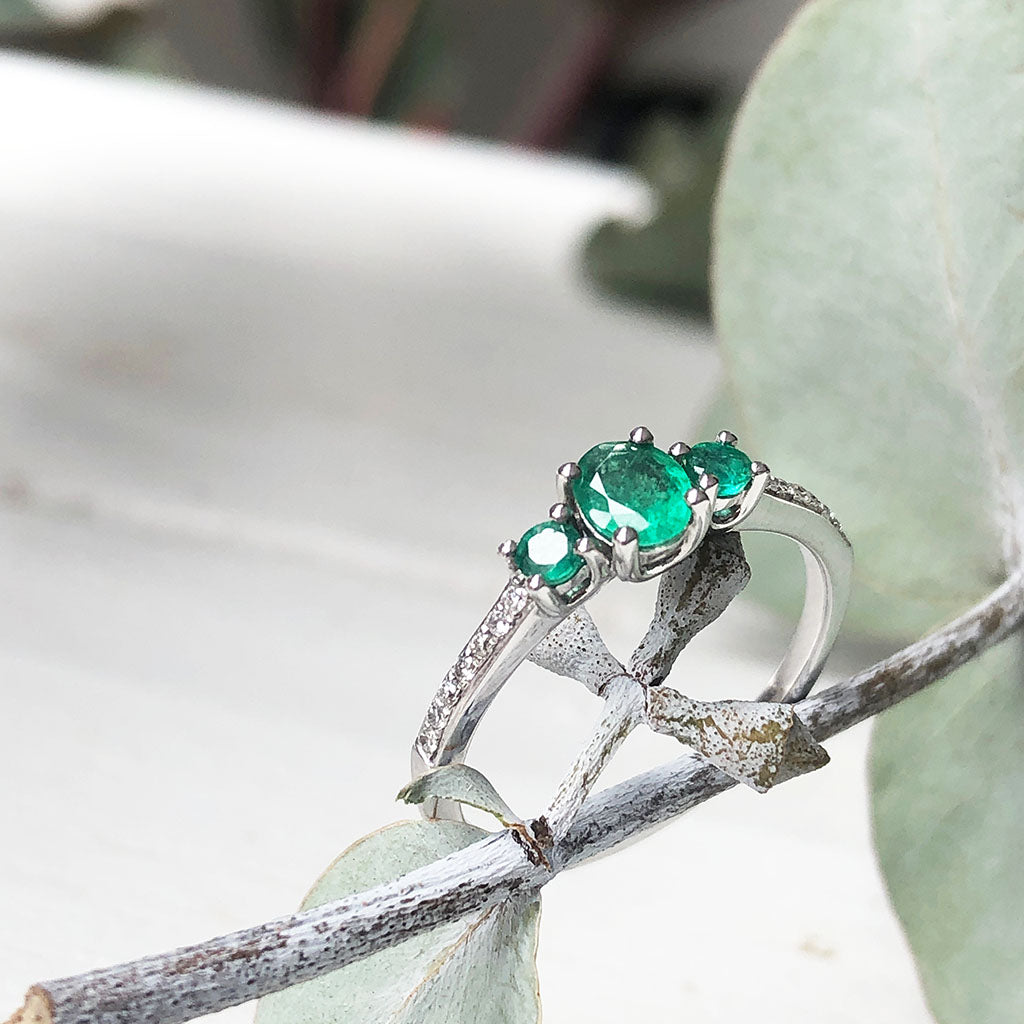 Delicate Trilogy Emerald and Diamond ring