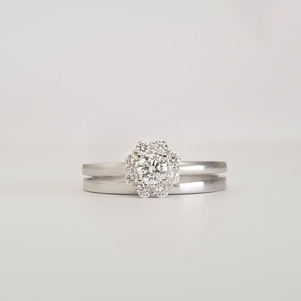 Diamond Floral Cluster Engagement Ring and White Gold Band Wedding Set