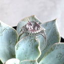 Diamond Halo Morganite Dress Ring With trilogy Diamond Shoulder Highlight