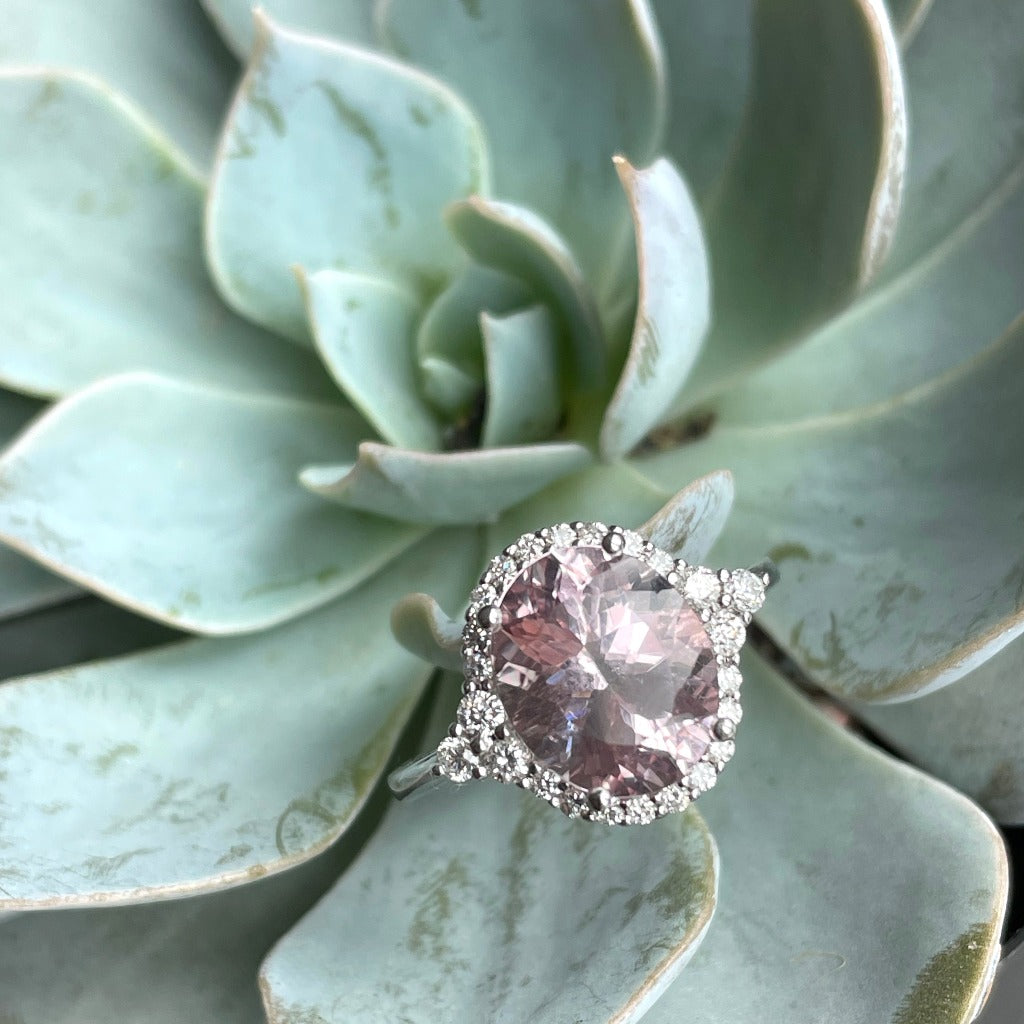Diamond Halo Morganite Dress Ring With trilogy Diamond Shoulder Highlight