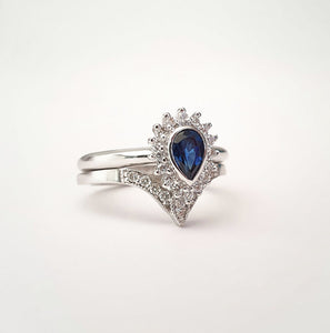Diamond Halo Pear Cut Blue Sapphire with Pointed Diamond Band Wedding Set