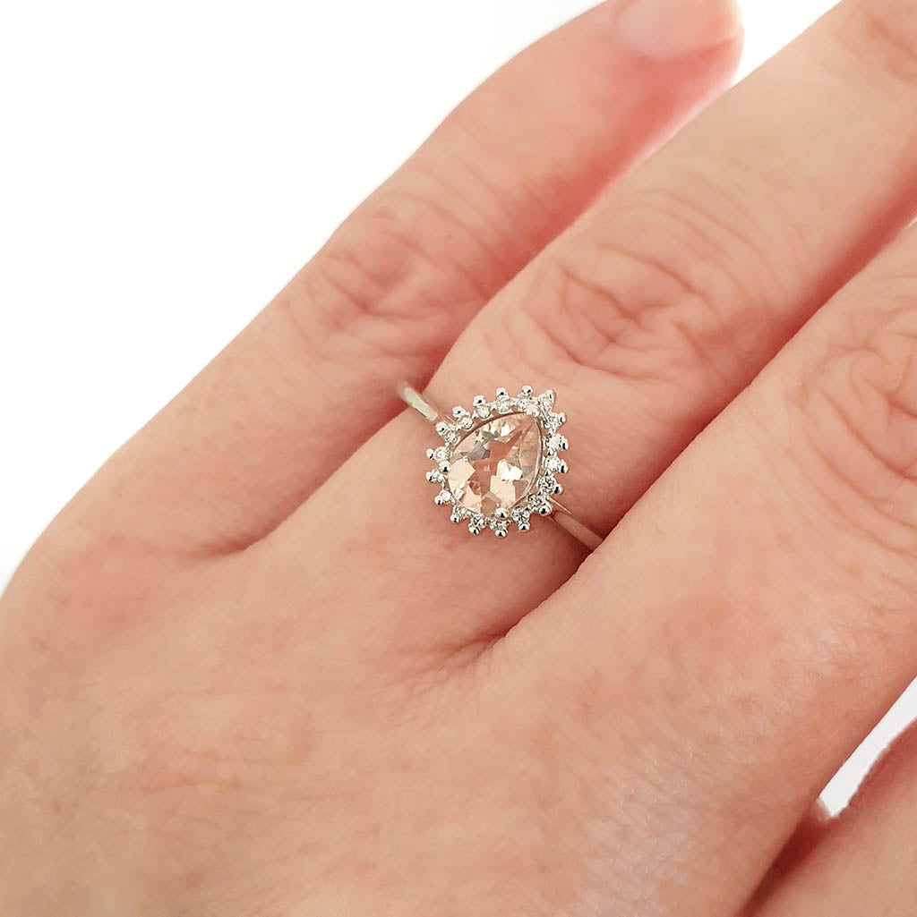 Diamond Halo Pear Cut Morganite White Gold Ring