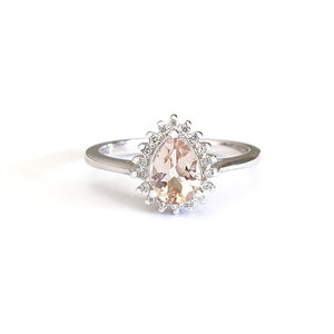 Diamond Halo Pear Cut Morganite White Gold Ring