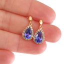 Diamond Halo Pear Cut Tanzanite Rose Gold Drop Earrings