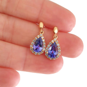 Diamond Halo Pear Cut Tanzanite Rose Gold Drop Earrings