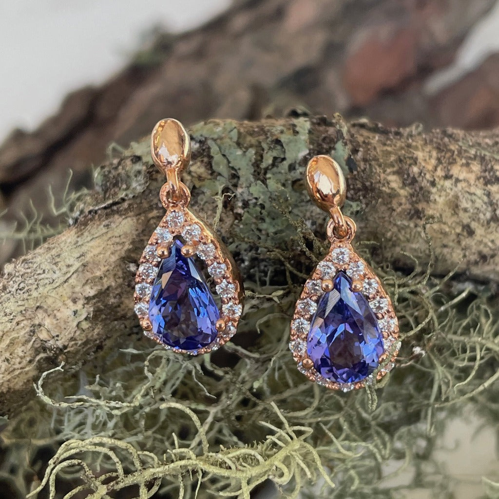 Diamond Halo Pear Cut Tanzanite Rose Gold Drop Earrings