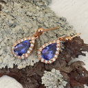 Diamond Halo Pear Cut Tanzanite Rose Gold Drop Earrings