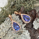 Diamond Halo Pear Cut Tanzanite Rose Gold Drop Earrings