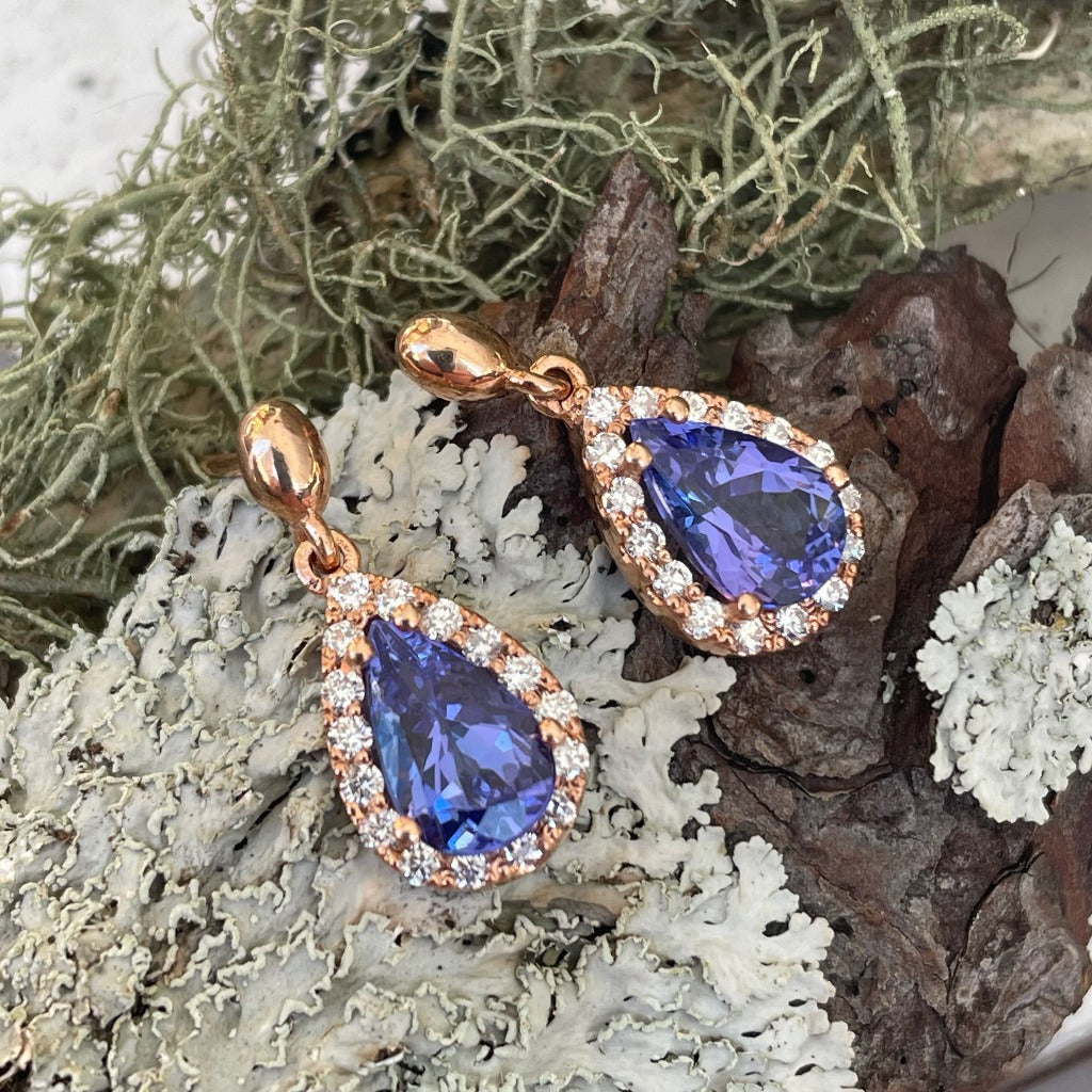 Diamond Halo Pear Cut Tanzanite Rose Gold Drop Earrings