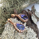 Diamond Halo Pear Cut Tanzanite Rose Gold Drop Earrings