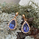 Diamond Halo Pear Cut Tanzanite Rose Gold Drop Earrings