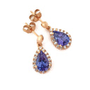 Diamond Halo Pear Cut Tanzanite Rose Gold Drop Earrings