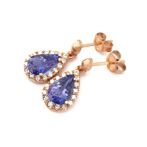 Diamond Halo Pear Cut Tanzanite Rose Gold Drop Earrings