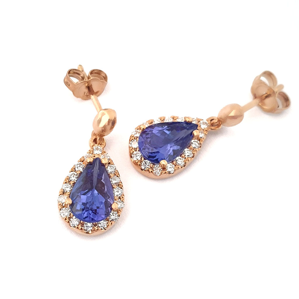 Diamond Halo Pear Cut Tanzanite Rose Gold Drop Earrings