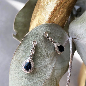 Diamond Halo Pear cut Sapphire Drop Earrings