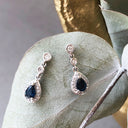 Diamond Halo Pear cut Sapphire Drop Earrings