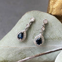 Diamond Halo Pear cut Sapphire Drop Earrings