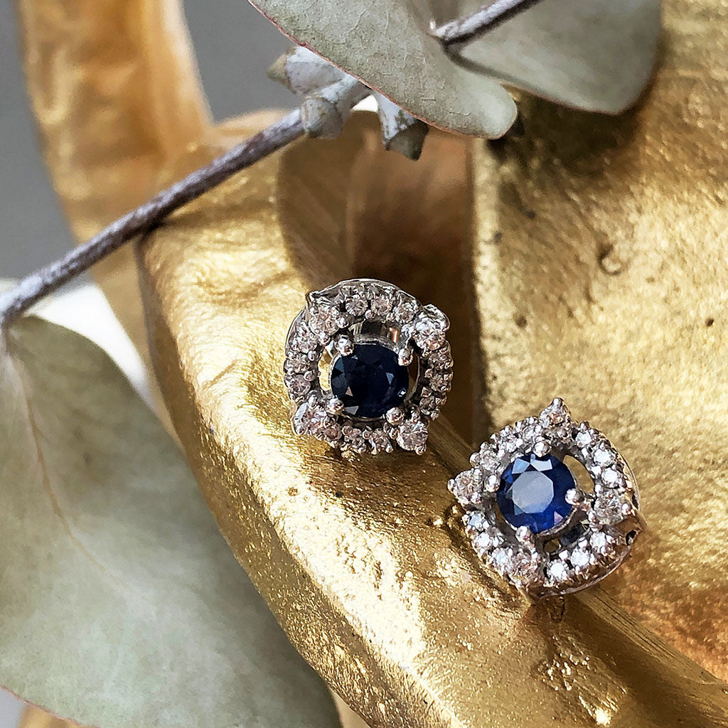 Diamond Halo Sapphire Earrings