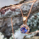 Diamond Halo Set Tanzanite Rose Gold Pendant