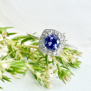 Diamond Halo Tanzanite Engagement ring and Band Wedding Set