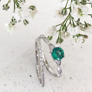 Diamond and Milgrain Hooped Emerald Engagement RIng and Diamond Eternity Wedding band