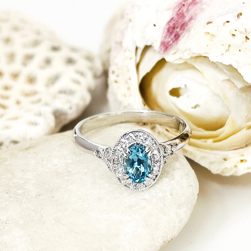 Divinely Decorative Aquamarine and Diamond White Gold Ring