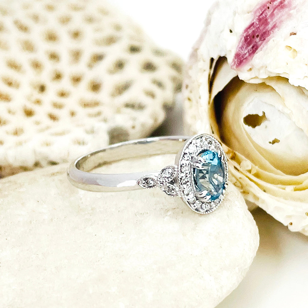 Divinely Decorative Aquamarine and Diamond White Gold Ring