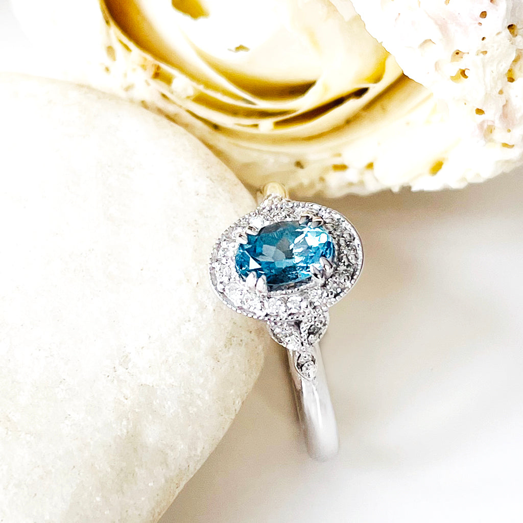 Divinely Decorative Aquamarine and Diamond White Gold Ring