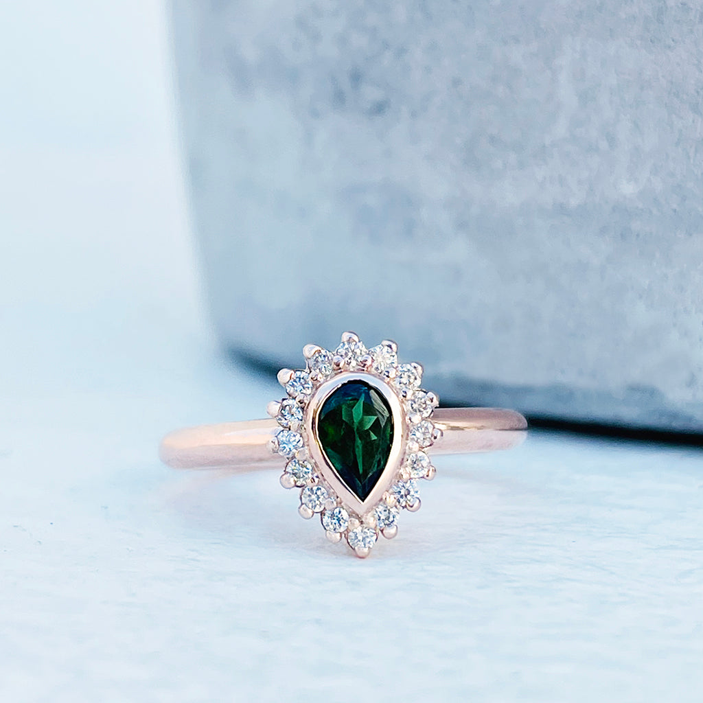 Radiant Pear Cut Green Tourmaline with Diamond Halo Ring