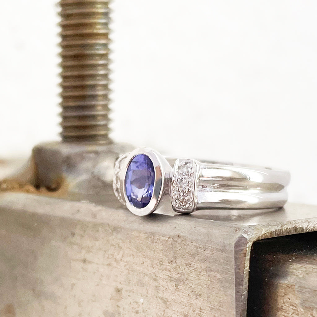 Double Band Oval Tanzanite Ring with Elaborate Diamond Shoulders