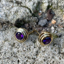 Double Bezel Tube Set Yellow Gold Amethyst Studs