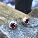 Double Bezel Tube Set Yellow Gold Amethyst Studs