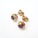 Double Bezel Tube Set Yellow Gold Amethyst Studs