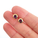 Double Bezel Tube Set Yellow Gold Amethyst Studs