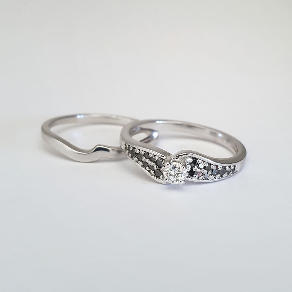 Double Black and White Diamond Shouldered Engagement band and White Gold Wedding Set