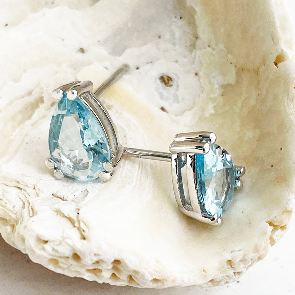 Double Claw Aquamarine Pear Cut White Gold Studs