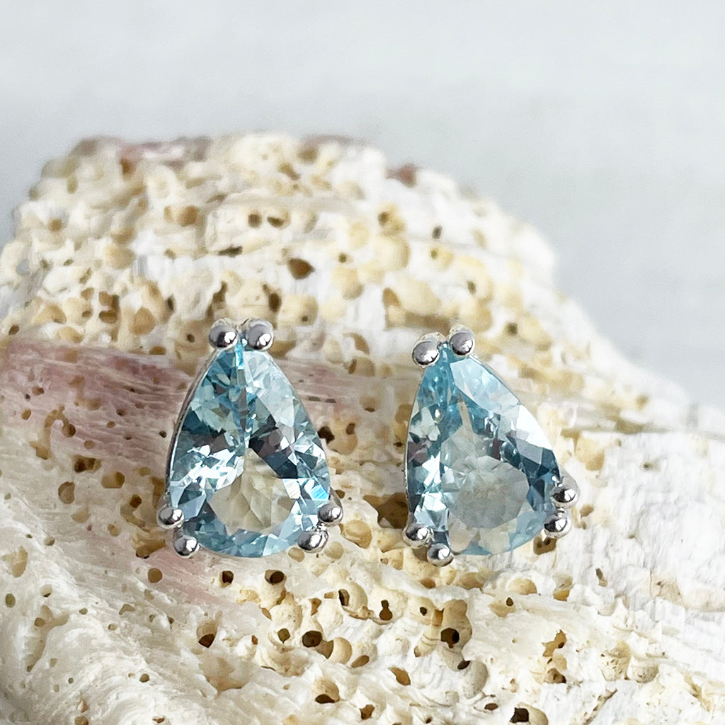 Double Claw Aquamarine Pear Cut White Gold Studs