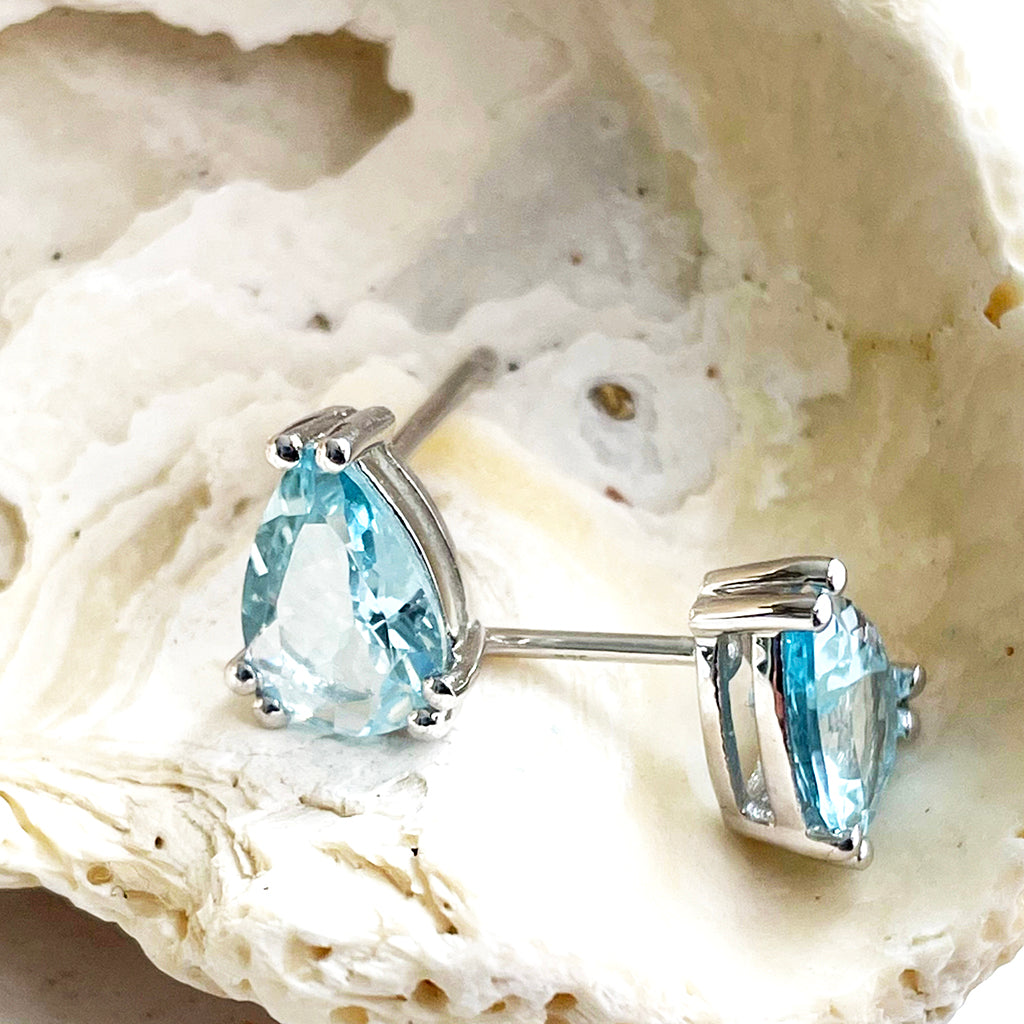Double Claw Aquamarine Pear Cut White Gold Studs