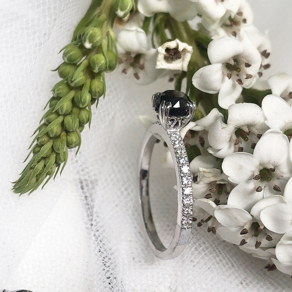 Double Claw Black Diamond with White Diamond Band Accent Engagement ring with Multi shape and Diamond  Wedding Band Set **
