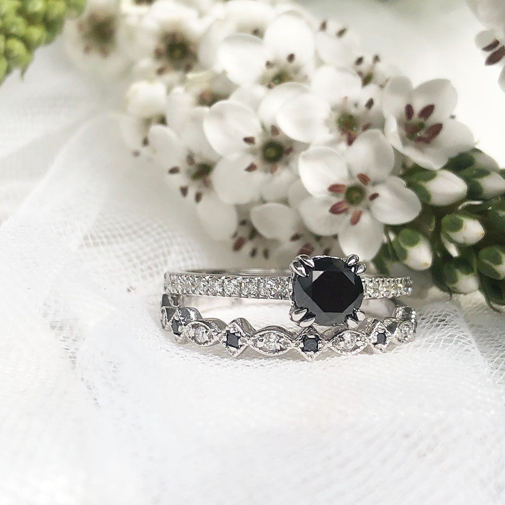 Double Claw Black Diamond with White Diamond Band Accent Engagement ring with Multi shape and Diamond  Wedding Band Set **