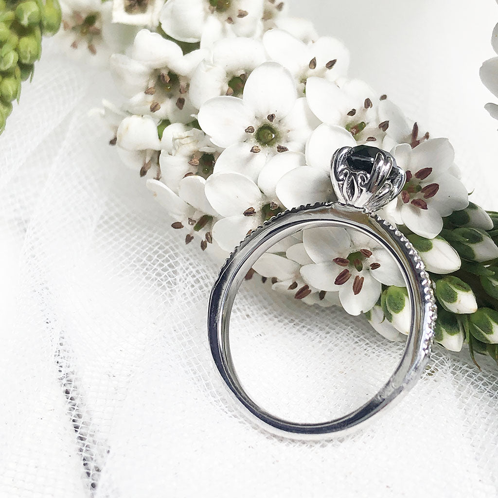 Double Claw Black Diamond with White Diamond Band Accent Engagement ring with Multi shape and Diamond  Wedding Band Set **
