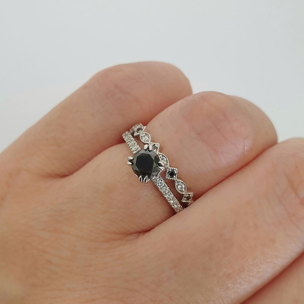Double Claw Black White Diamond Band Accent Engagement ring with Multi Shape Diamond Wedding Band Set