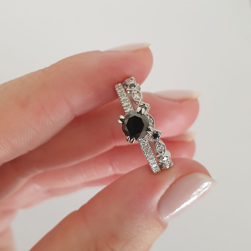 Double Claw Black White Diamond Band Accent Engagement ring with Multi Shape Diamond Wedding Band Set