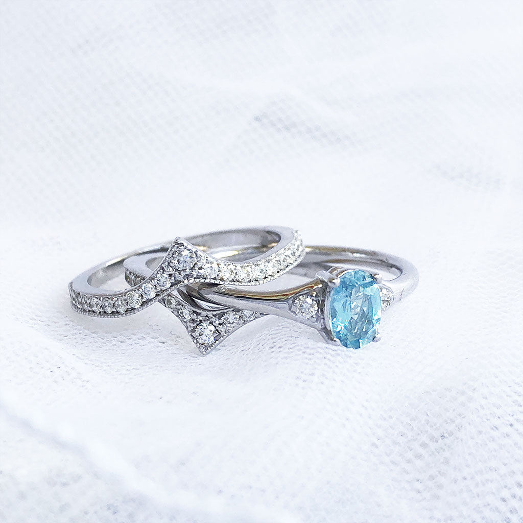 Double Diamond Crown Oval Aquamarine Wedding Band Set