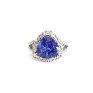 Double Diamond Shoulder Trilliant Cut Tanzanite and Diamond Halo Ring