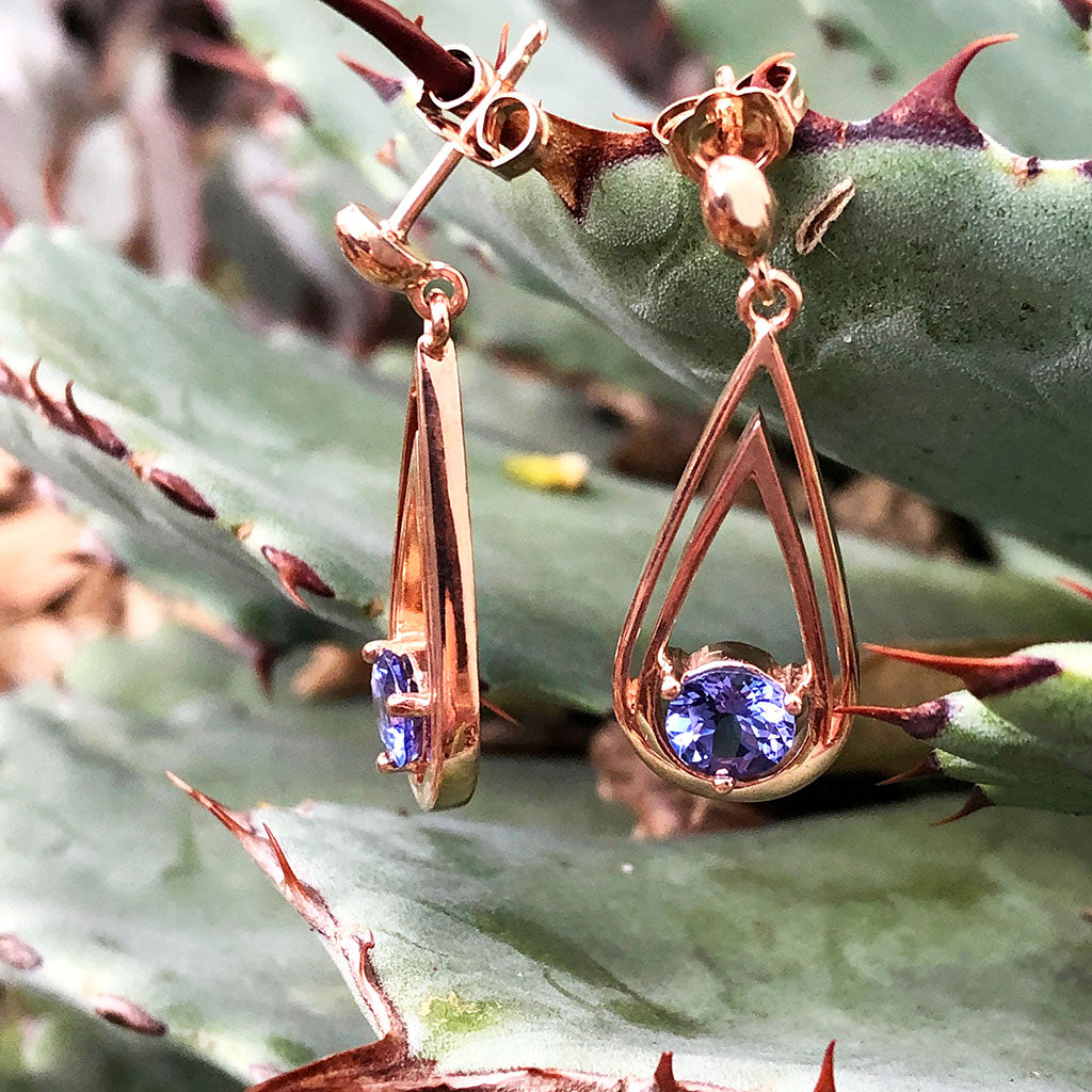 Double Droplet Shaped Round Cut Tanzanite Rose Gold Drop Earrings