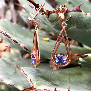 Double Droplet Shaped Round Cut Tanzanite Rose Gold Drop Earrings