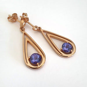 Double Droplet Shaped Round Cut Tanzanite Rose Gold Drop Earrings
