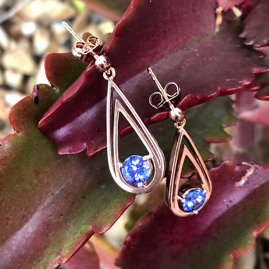 Double Droplet Shaped Round Cut Tanzanite Rose Gold Drop Earrings