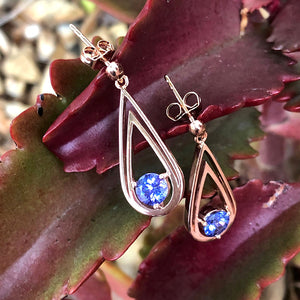 Double Droplet Shaped Round Cut Tanzanite Rose Gold Drop Earrings